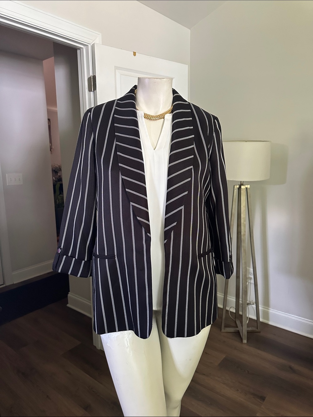 Kasper Black and White Vertical-Stripe Open Blazer